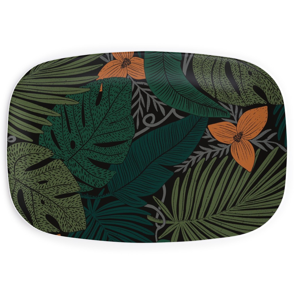Moody Tropical Floral - Orange on Black Serving Platter, Green, Classic Green