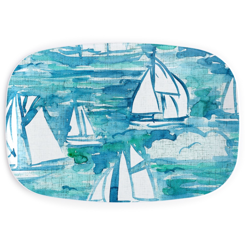 Sailboats Sailing Watercolor Loosely Painted - Blue Serving Platter, Blue