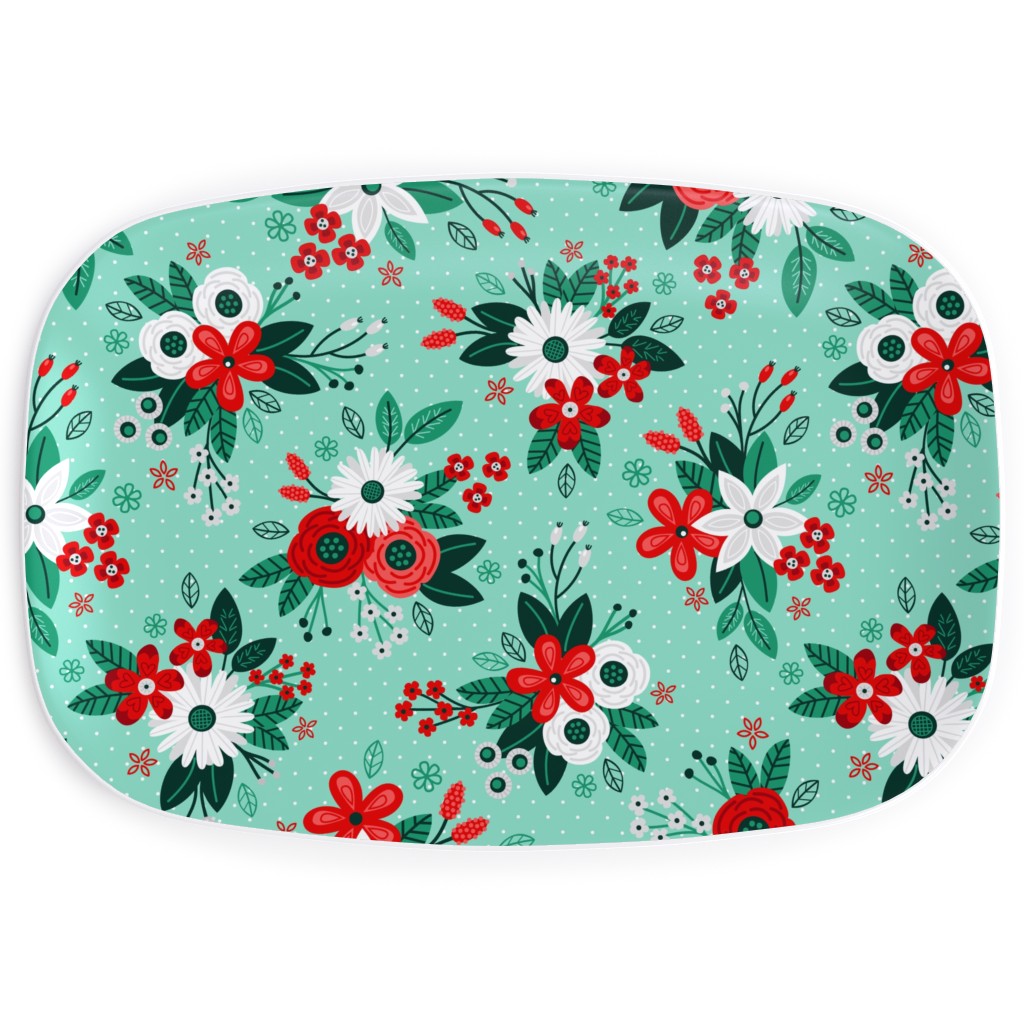 Holiday Floral Bouquet Serving Platter, Green, Classic Green