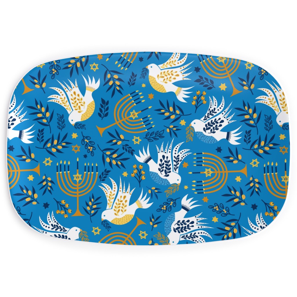 Hanukkah Birds Menorahs - Light Blue Serving Platter, Blue