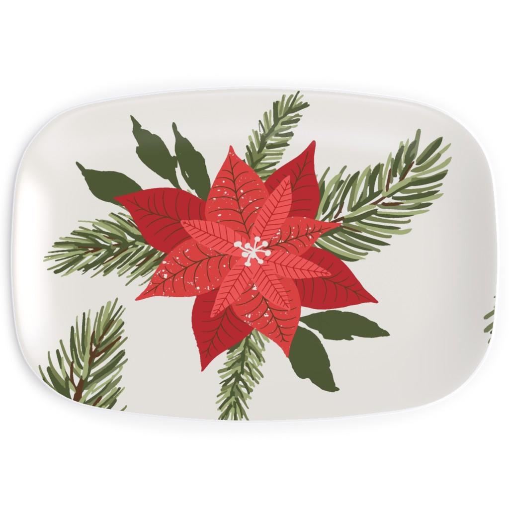 Poinsettia Christmas Flower Serving Platter, Beige