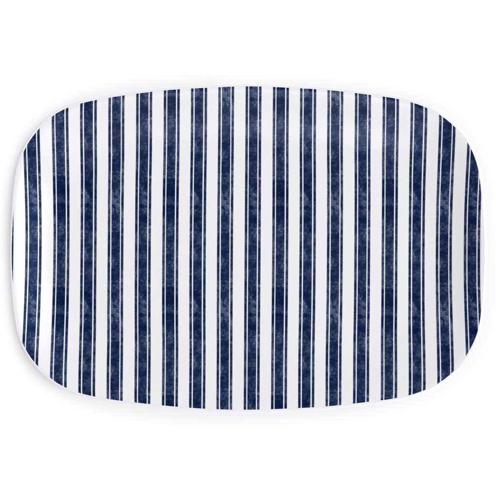 Vertical French Ticking Textured Pinstripes in Dark Midnight Navy and White Serving Platter, Blue