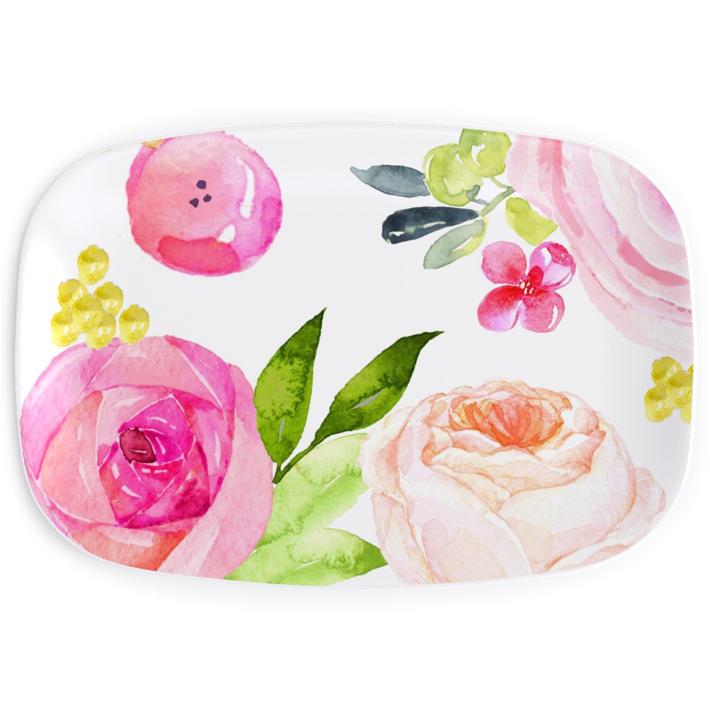 Spring Peonies, Roses, and Poppies - Watercolor Serving Platter, Pink