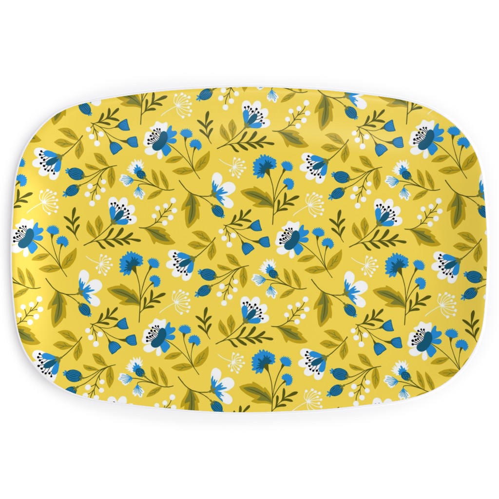 Colorful Spring Flowers - Blue on Yellow Serving Platter, Yellow