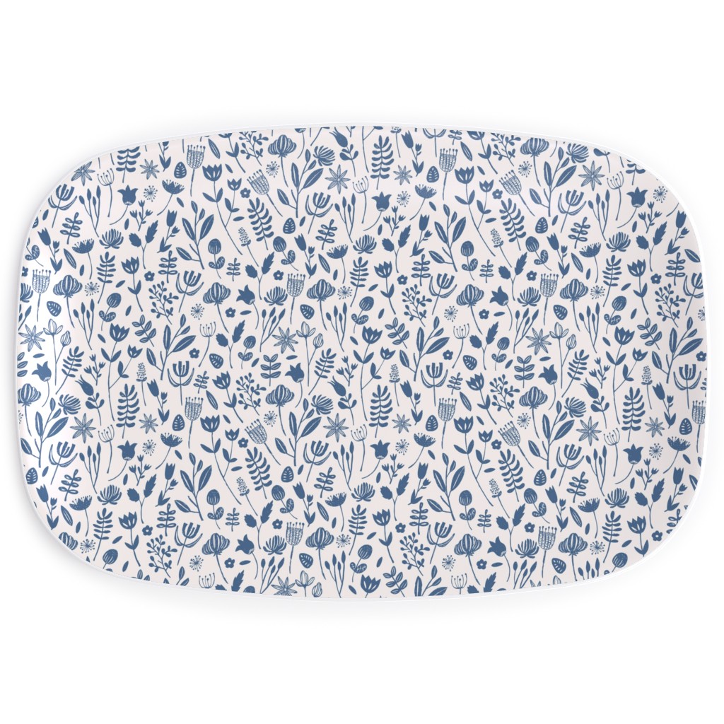 Folk Botanical Print - Blue Serving Platter, Blue, True Blue