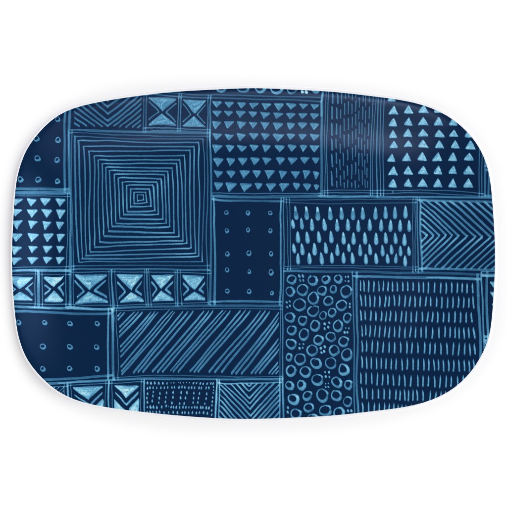 African Tribal Mud Cloth - Indigo Serving Platter, Blue