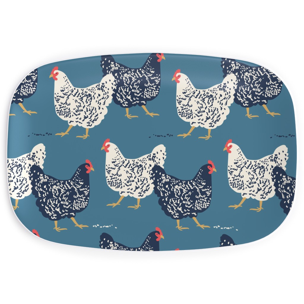 Farmhouse Chickens on Blue Serving Platter, Blue