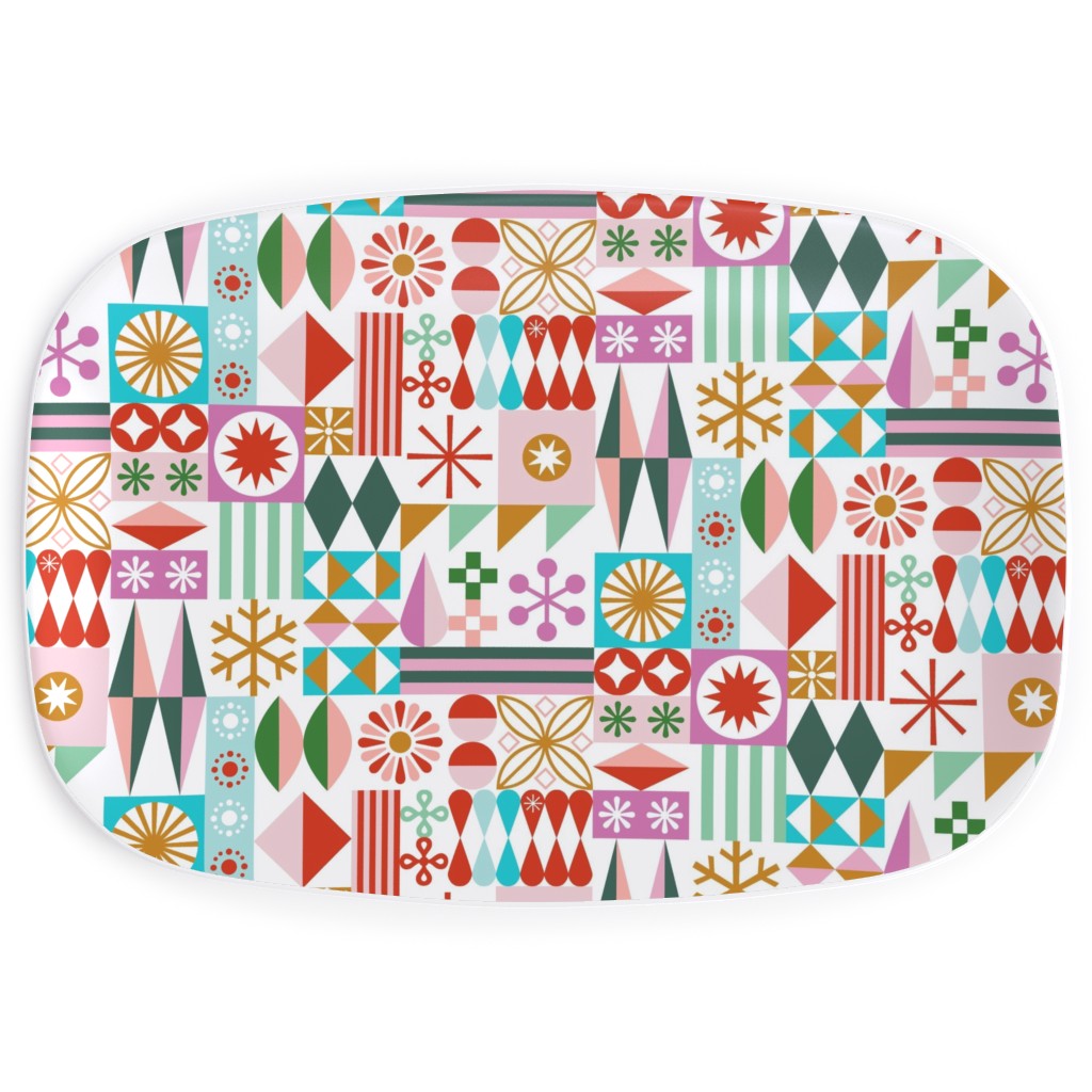 Santa's Workshop Geometric Stars Snowflakes Grid Holiday Stripes - Multi Serving Platter, Multicolor