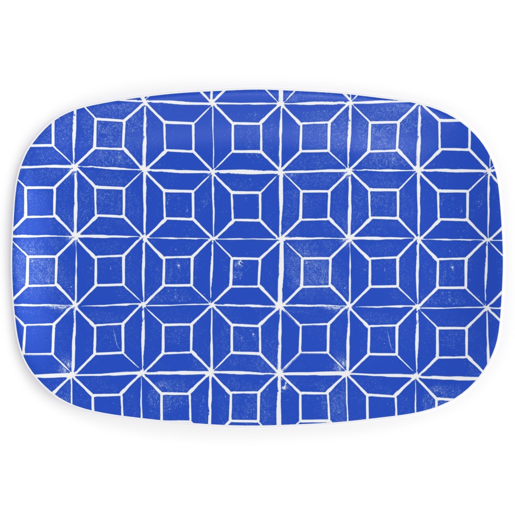 Geometric Lino - Cobalt Serving Platter, Blue
