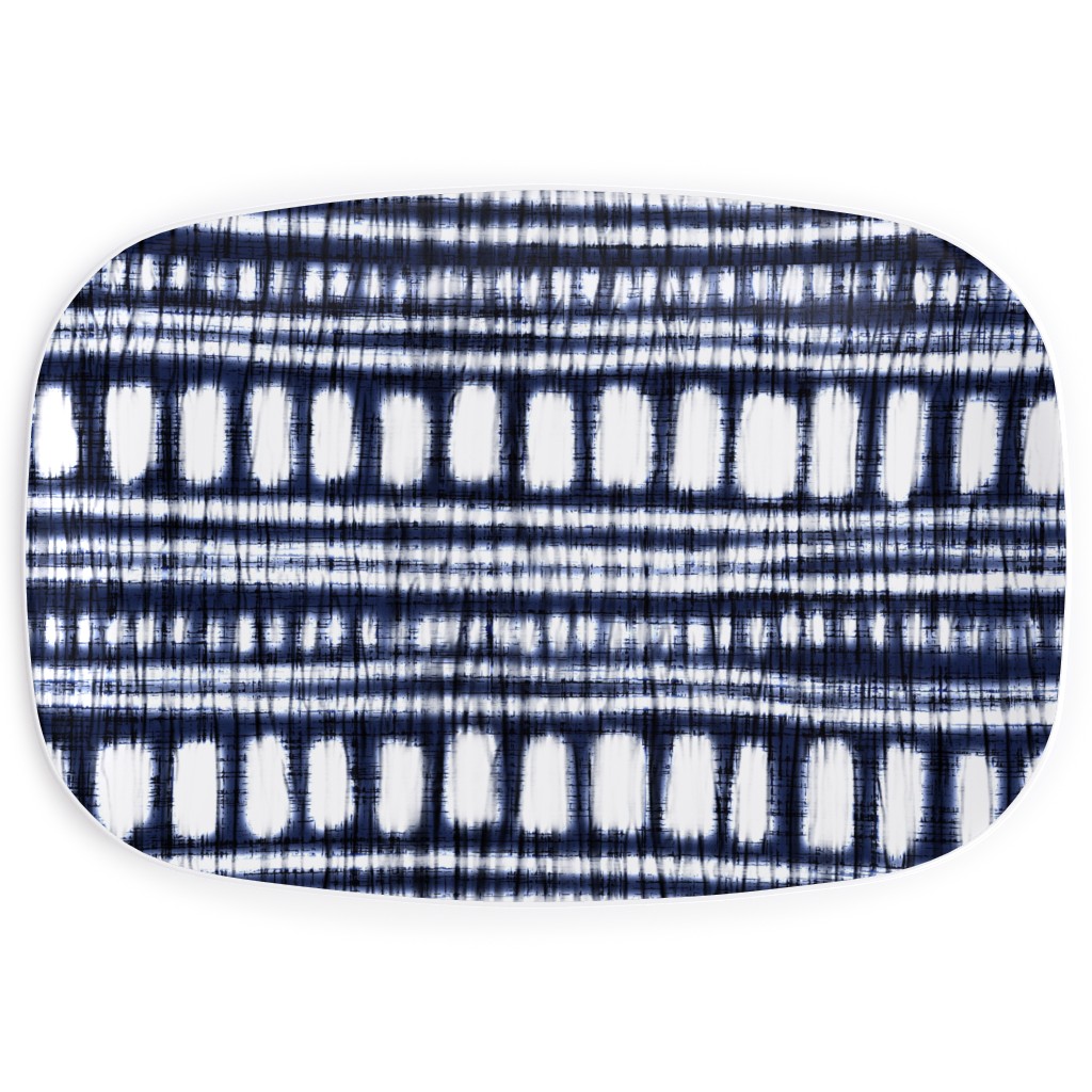 Shibori - Organic and Loose Lines and Dots Serving Platter, Blue