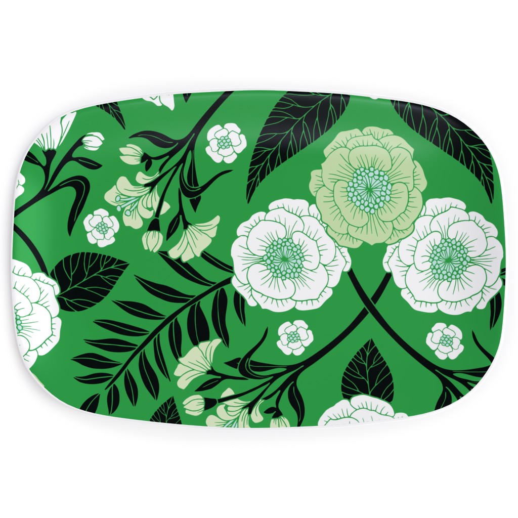 Green, Black & White Floral Pattern Serving Platter, Green