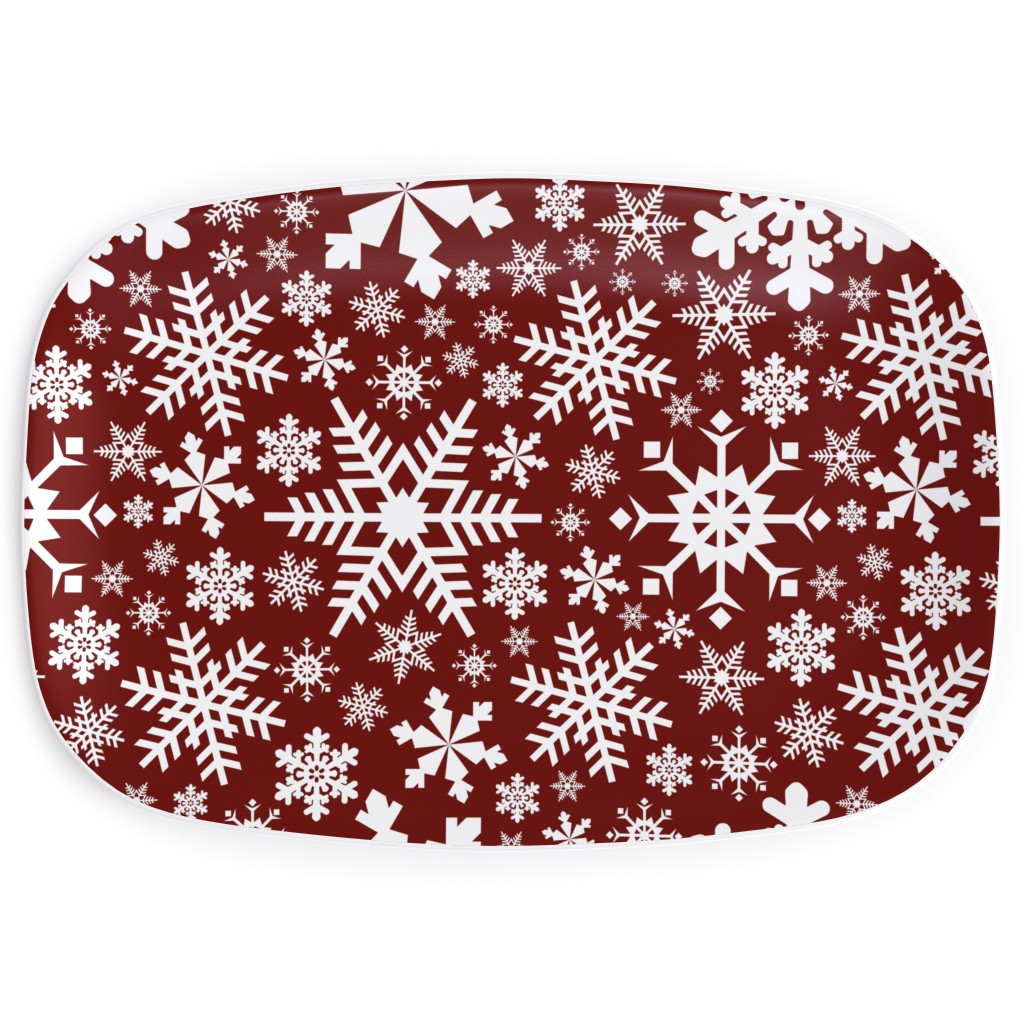 Christmas White Snowflakes on Red Background Serving Platter, Red, Red