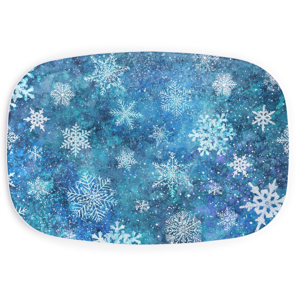 Whinsical Snowflakes Handpainted With Watercolors - Blue Serving Platter, Blue