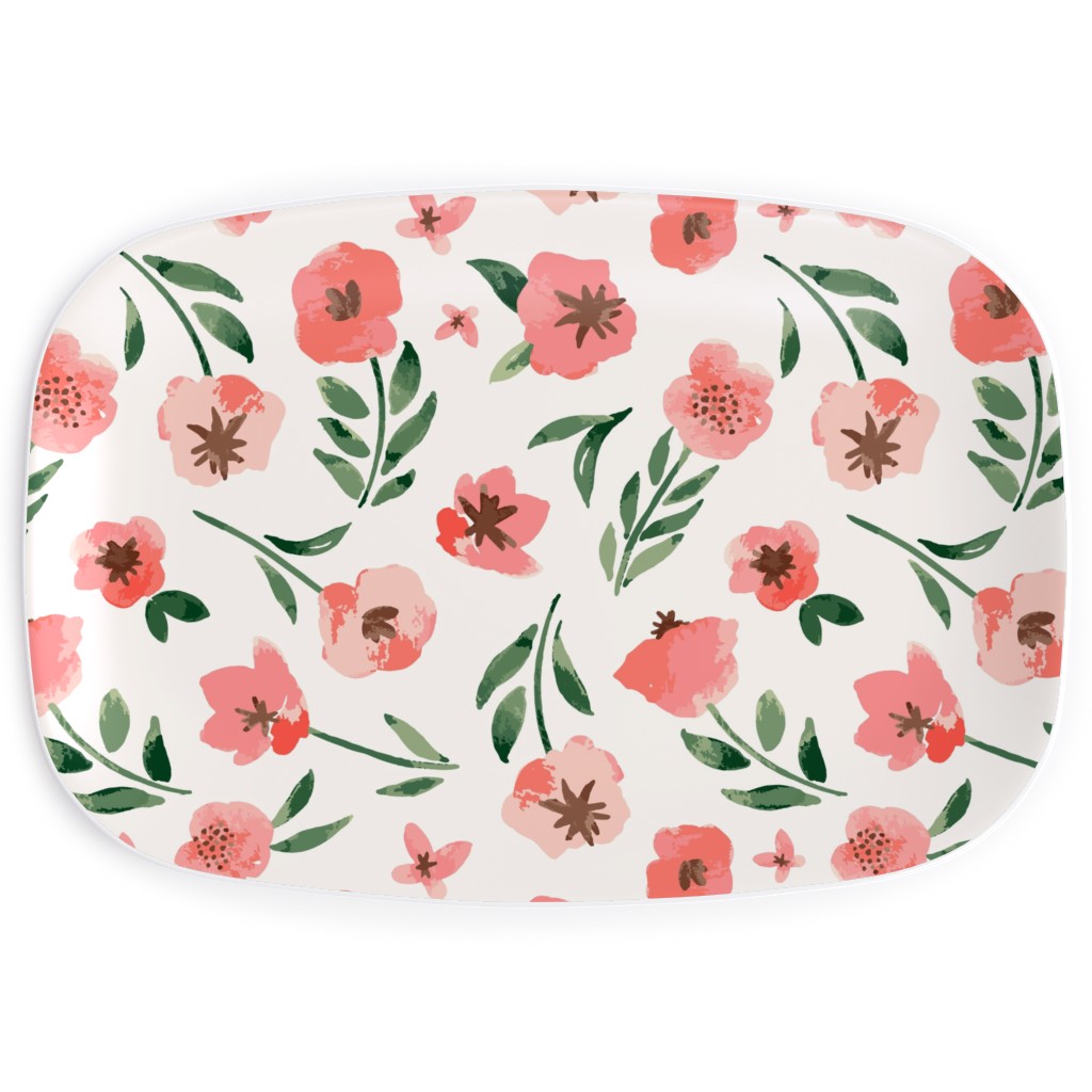 Scattered Watercolor Spring Flowers Serving Platter, Pink, Bright Pink
