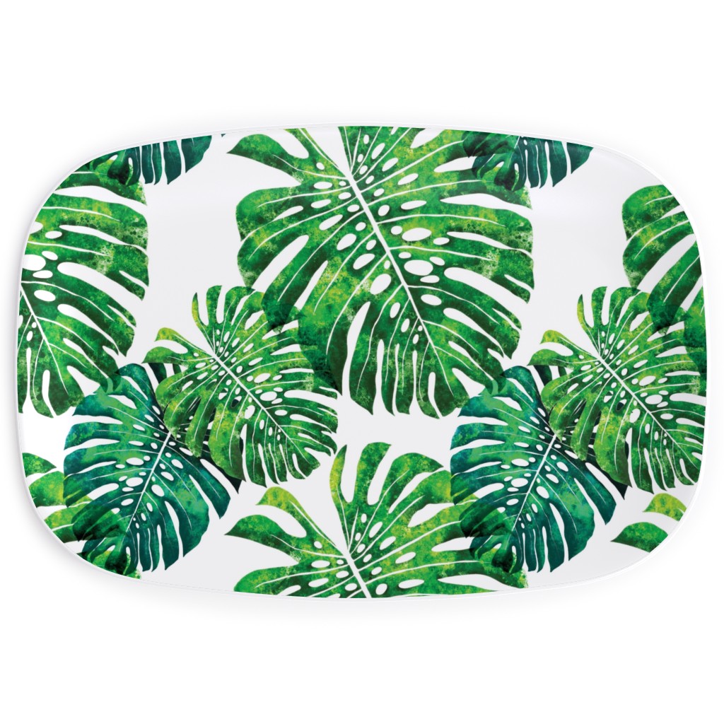 Monstera Leaves - Green on White Serving Platter, Green