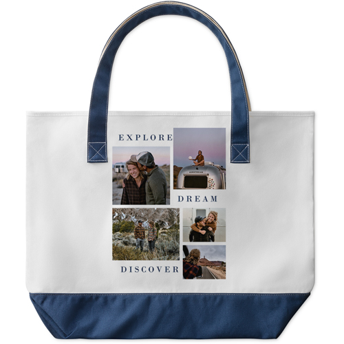 Explore Dream Discover Large Tote, Navy, Photo Personalization, Large Tote, White