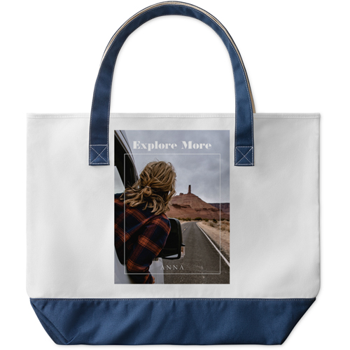 Explore More Large Tote, Navy, Photo Personalization, Large Tote, White
