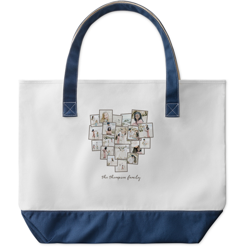 Tilted Heart Collage Large Tote, Navy, Photo Personalization, Large Tote, Gray