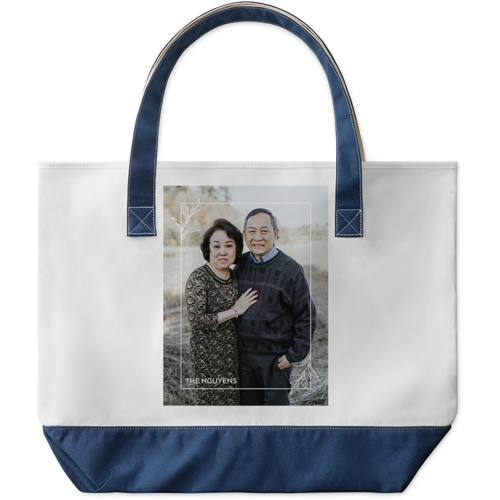 Sweet Floral Border Large Tote, Navy, Photo Personalization, Large Tote, White