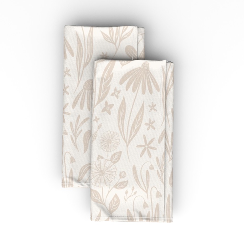 Wildflowers - Tan and Cream Cloth Napkin, Longleaf Sateen Grand, Beige