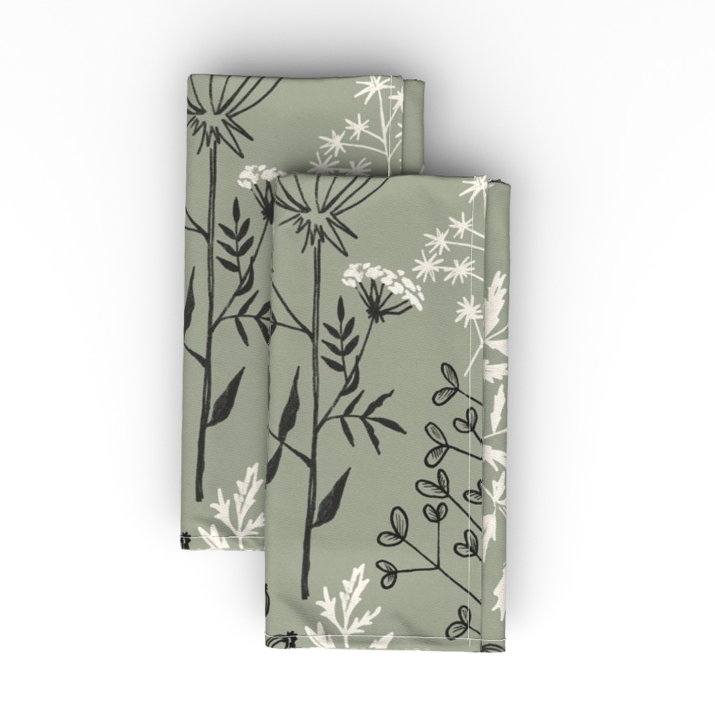 Floral Block Print - Green Cloth Napkin, Longleaf Sateen Grand, Green