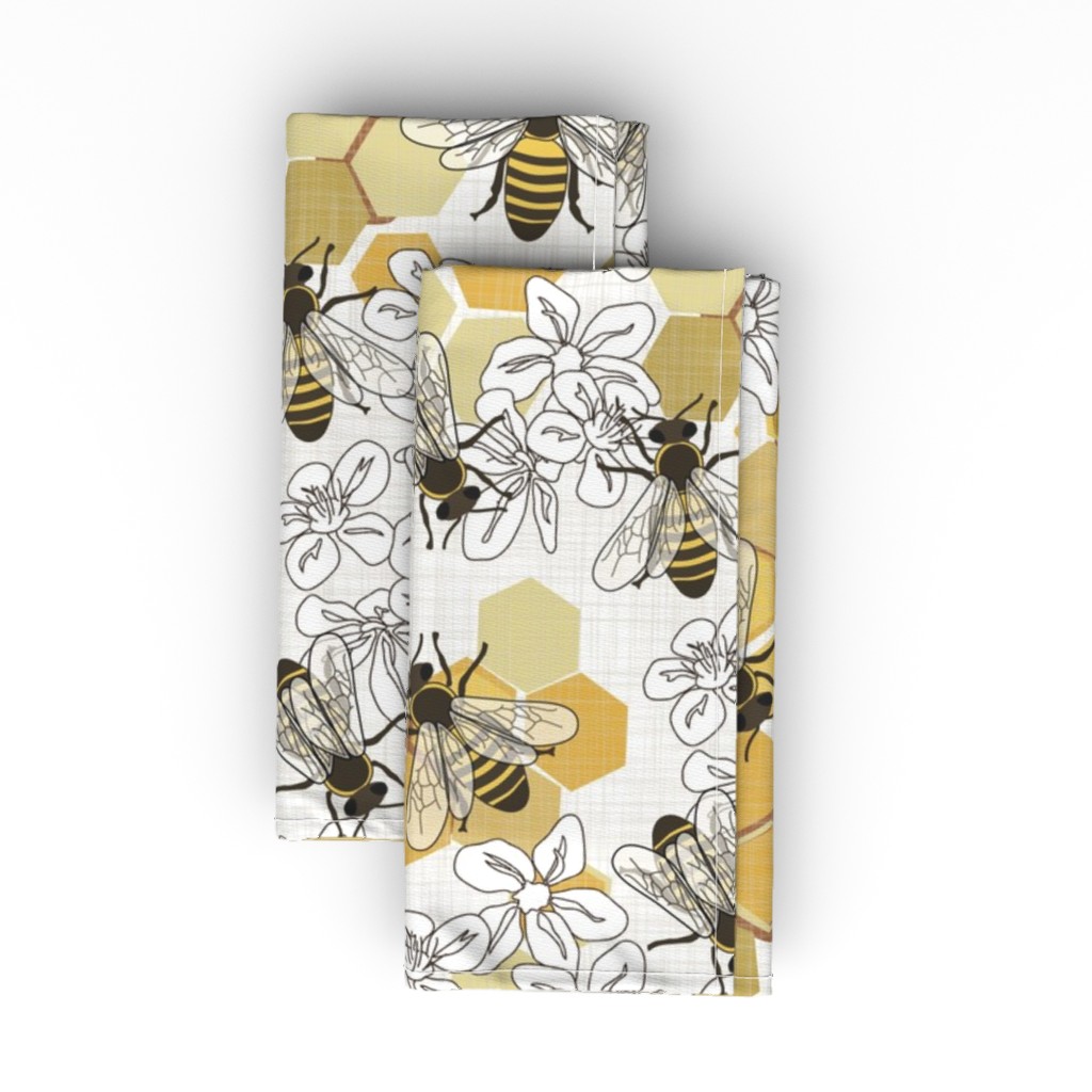 Save the Honey Bees - Yellow on White Cloth Napkin, Longleaf Sateen Grand, Yellow