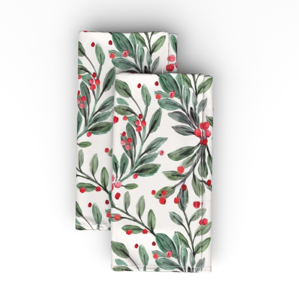 Mistletoe and Red Berries - Green and Red Cloth Napkin, Longleaf Sateen Grand, Green