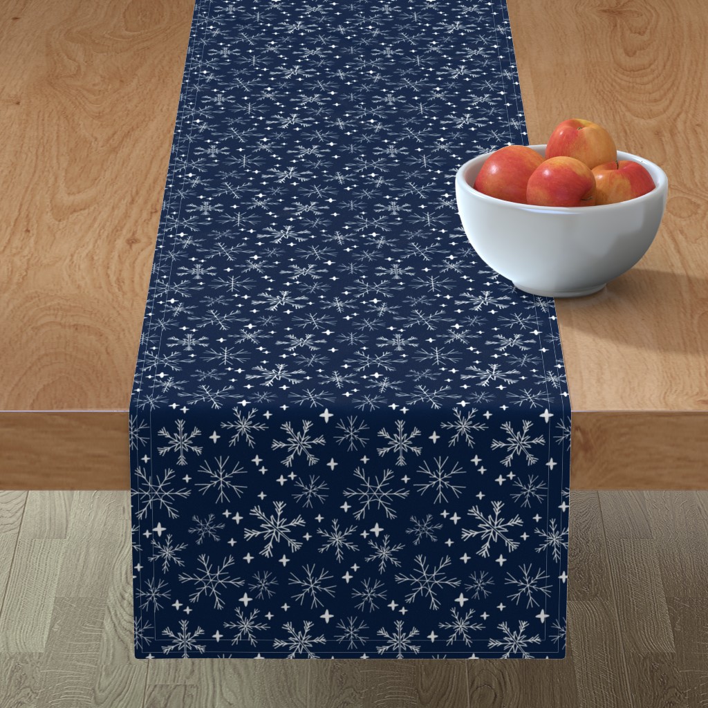 Winter Snowflakes on Navy Blue Table Runner, 108x16, Blue
