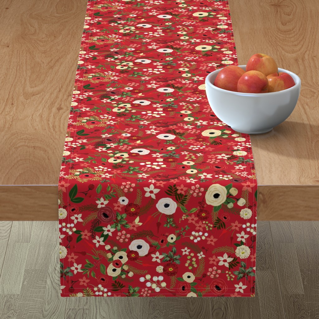 Vintage Floral Table Runner, 108x16, Red