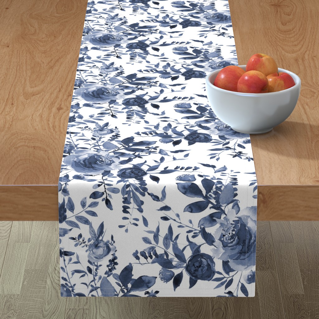Blue and White Florals - Indigo Table Runner, 108x16, Blue