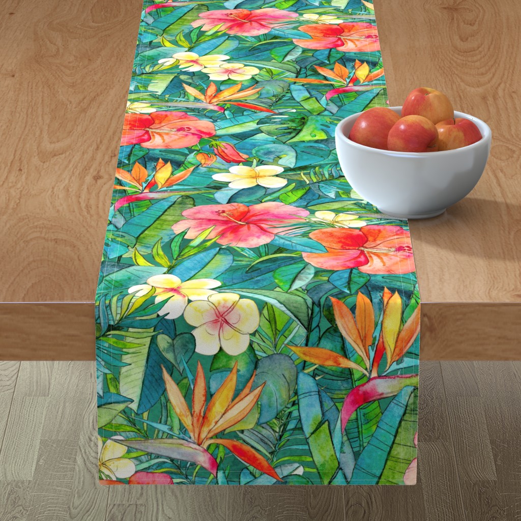 Classic Tropical Garden Watercolor Table Runner, 108x16, Multicolor