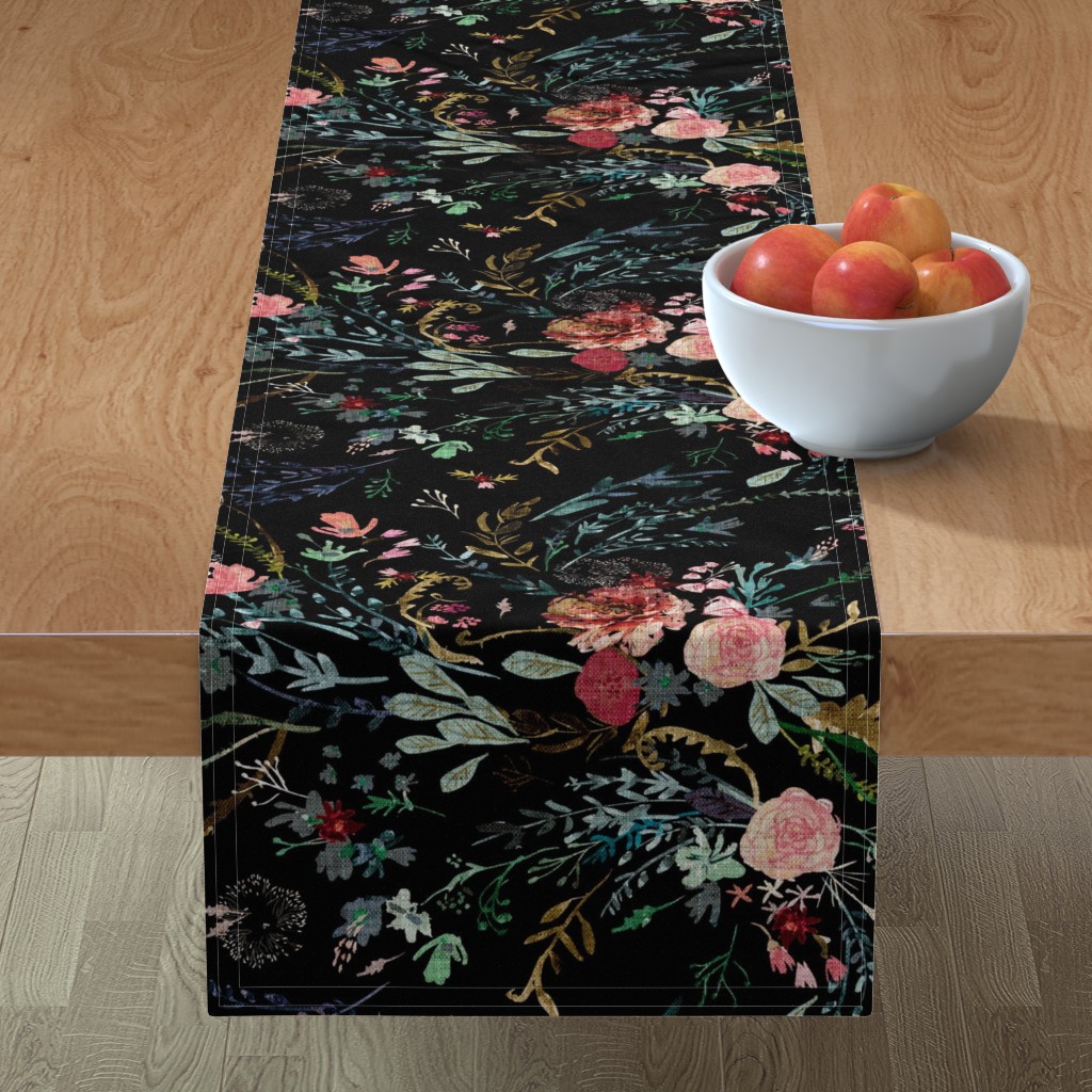 Fable Floral Table Runner, 108x16, Black