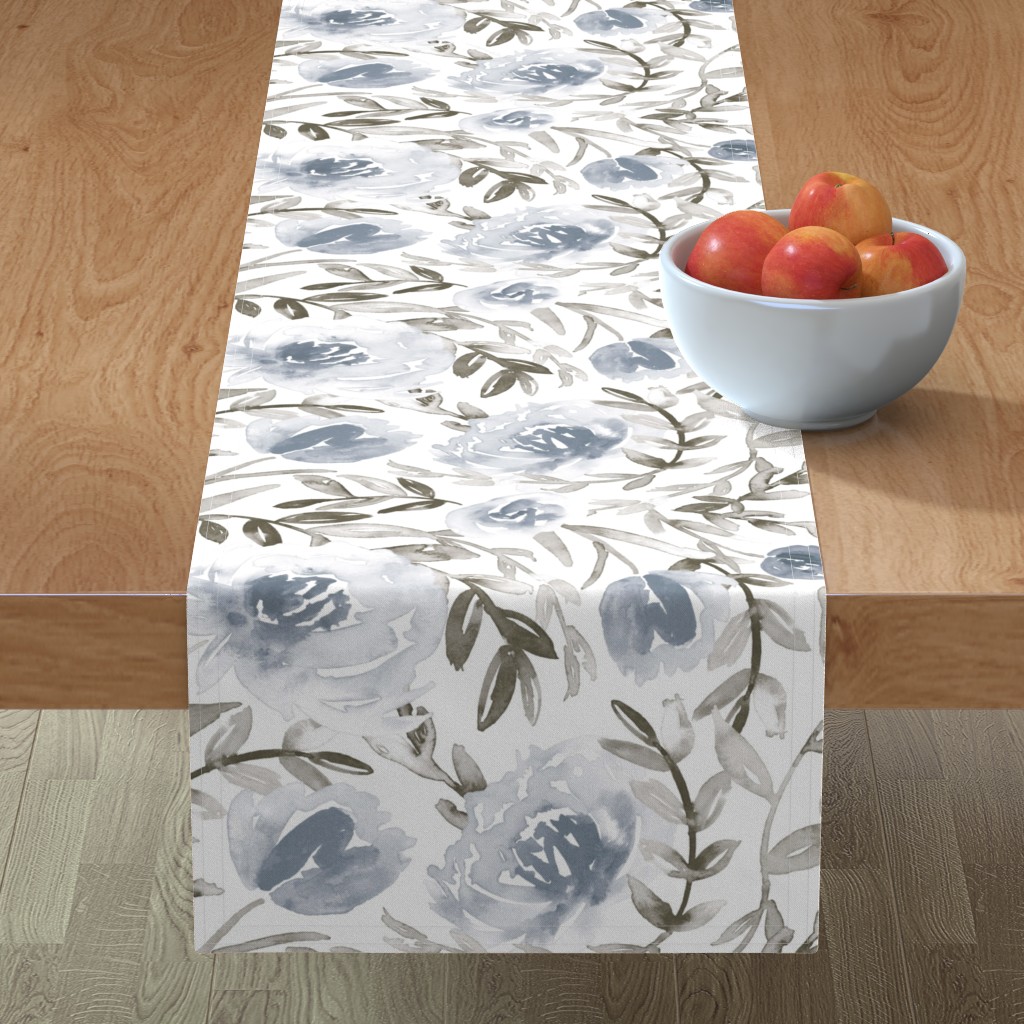 watercolor floral blue and taupe table runner