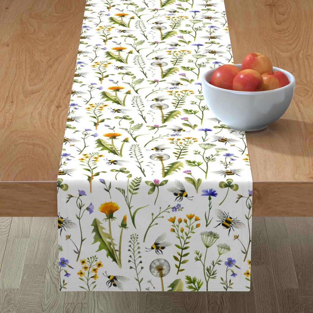 Bees and Wildflowers on White Table Runner, 108x16, Multicolor