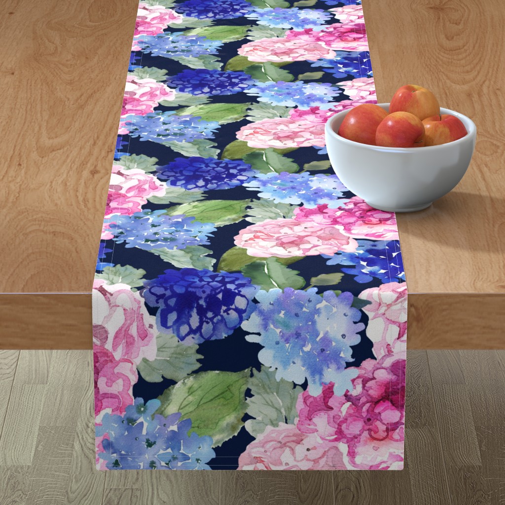 Spring Hydrangea Watercolor - Navy Table Runner, 90x16, Multicolor