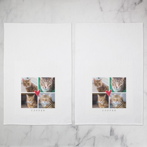 Best Heart Grid Collage Tea Towel, Set of 2, Red, fire engine