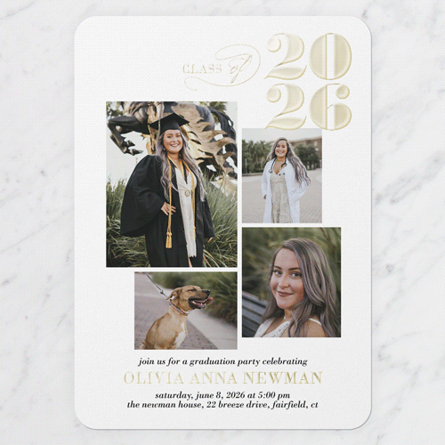 Script Class Graduation Invitation, White, Gold Foil, 5x7, Matte, Personalized Foil Cardstock, Rounded, White