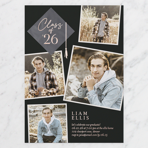 Tassel Snapshots Graduation Invitation, Rose Gold Foil, Black, 5x7, Matte, Personalized Foil Cardstock, Square, Black