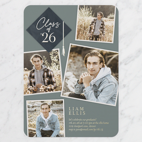 Tassel Snapshots Graduation Invitation, Green, Gold Foil, 5x7, Matte, Personalized Foil Cardstock, Rounded, Mantis