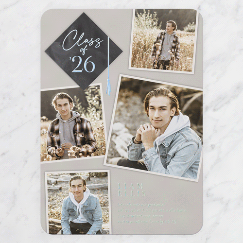 Tassel Snapshots Graduation Invitation, Beige, Iridescent Foil, 5x7, Matte, Personalized Foil Cardstock, Rounded, Pebble