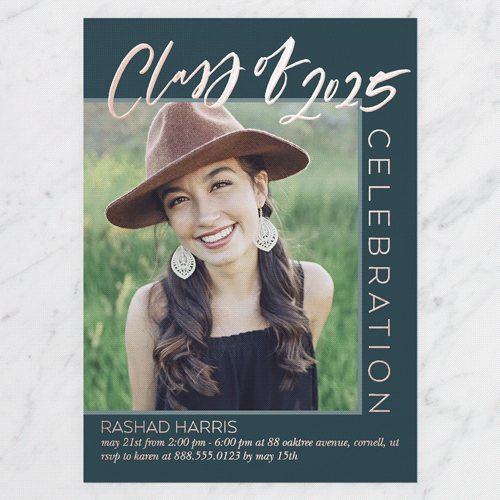 Modern Mix Graduation Invitation, Blue, Rose Gold Foil, 5x7, Matte, Personalized Foil Cardstock, Square