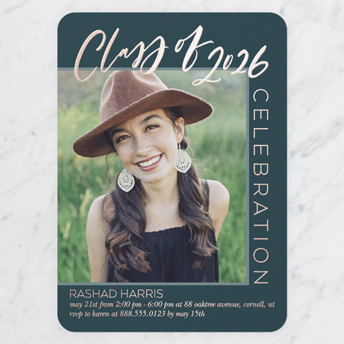 Modern Mix Graduation Invitation, Blue, Rose Gold Foil, 5x7, Matte, Personalized Foil Cardstock, Rounded, Sapphire
