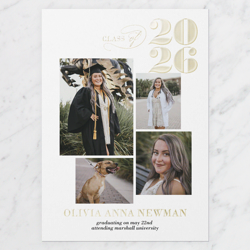 Graceful Class Graduation Announcement, White, Gold Foil, 5x7, Matte, Personalized Foil Cardstock, Square, White