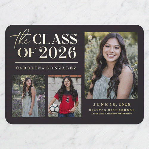 Classic Class Showcase Graduation Announcement, Grey, Gold Foil, 5x7, Matte, Personalized Foil Cardstock, Rounded, Charcoal
