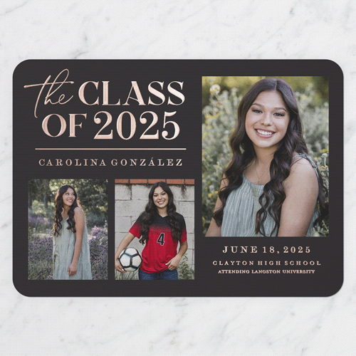Classic Class Showcase Graduation Announcement, Rose Gold Foil, Grey, 5x7, Matte, Personalized Foil Cardstock, Rounded