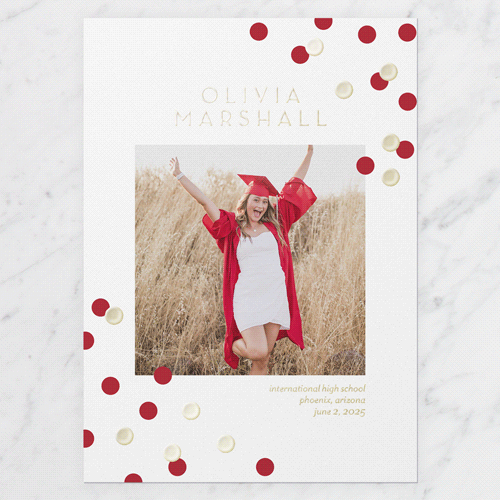 Collegiate Confetti Graduation Announcement, Gold Foil, White, 5x7, Write Your Own, Matte, Personalized Foil Cardstock, Square
