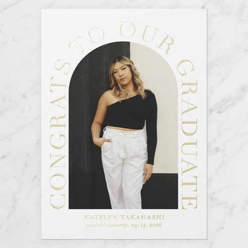 Celebrated Arch Graduation Announcement, Gold Foil, White, 5x7, Matte, Personalized Foil Cardstock, Square, White