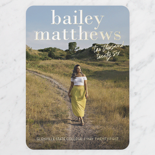 Fresh Focus Graduation Announcement, Gold Foil, White, 5x7, Matte, Personalized Foil Cardstock, Rounded, White