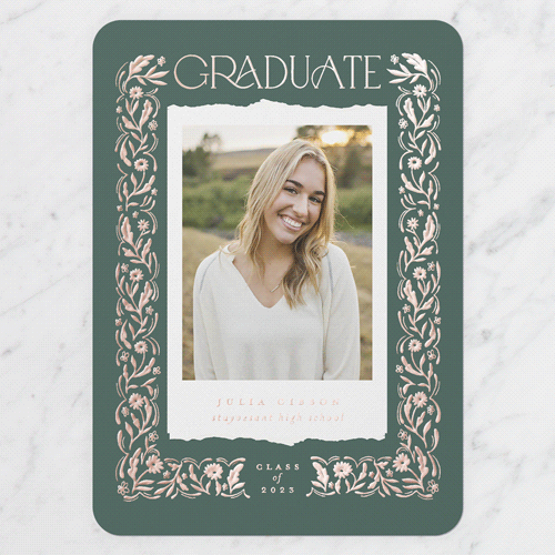 Flowery Architecture Graduation Announcement, Rounded Corners, -Grey-Rose Gold Foil-5x7 Digital Foil Card-2023