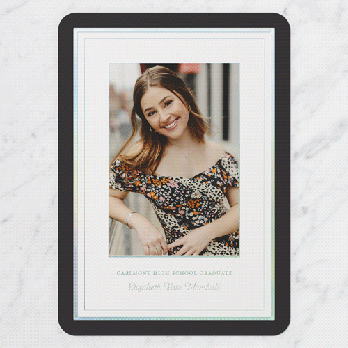 Layered Frame Graduation Announcement, Iridescent Foil, Black, 5x7, Matte, Personalized Foil Cardstock, Rounded, Black